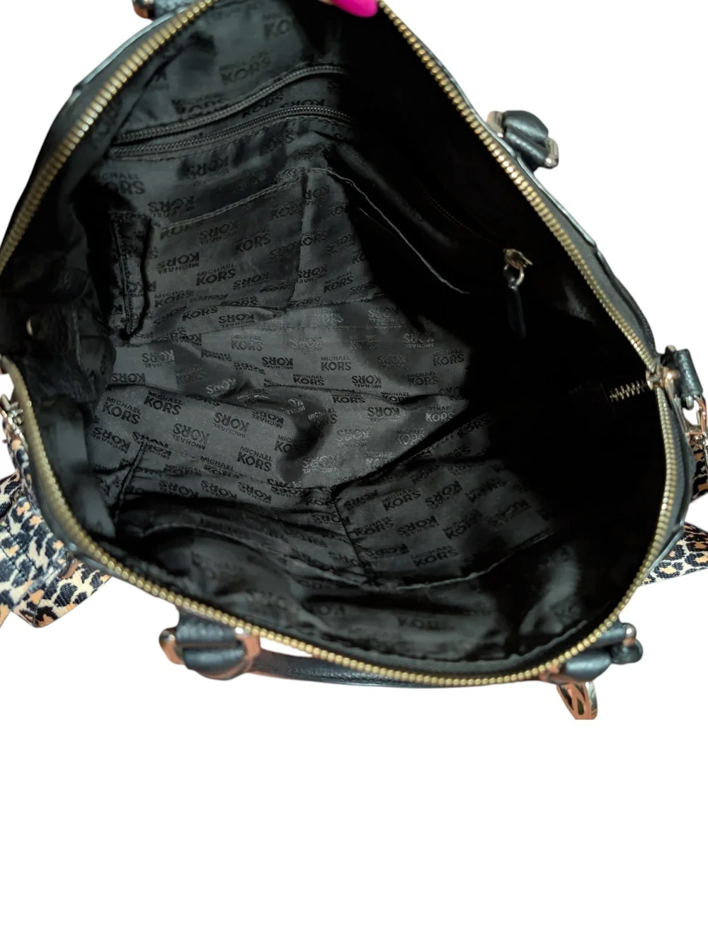 Michael Kors Black Pebbled Leather Satchel with Leopard Strap